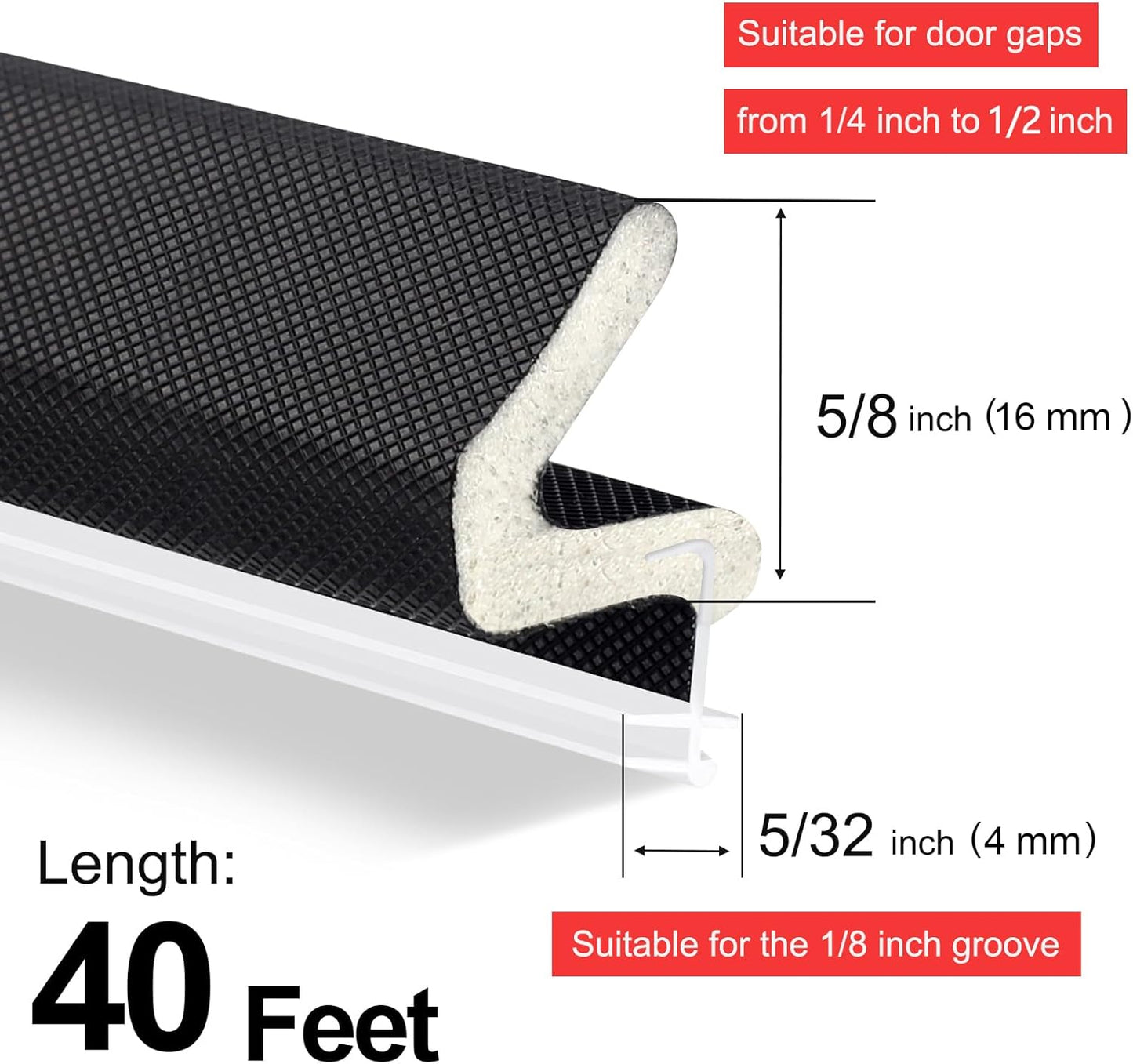 40FT Kerf V‑Shaped Weather Stripping Door Seal, Press‑in Seal for Pre‑Cut Slot Doors, Not Self‑Adhesive, Soundproof Draft Blocker for Exterior Front Doors, Fits Large Gaps, Easy DIY Install (White)