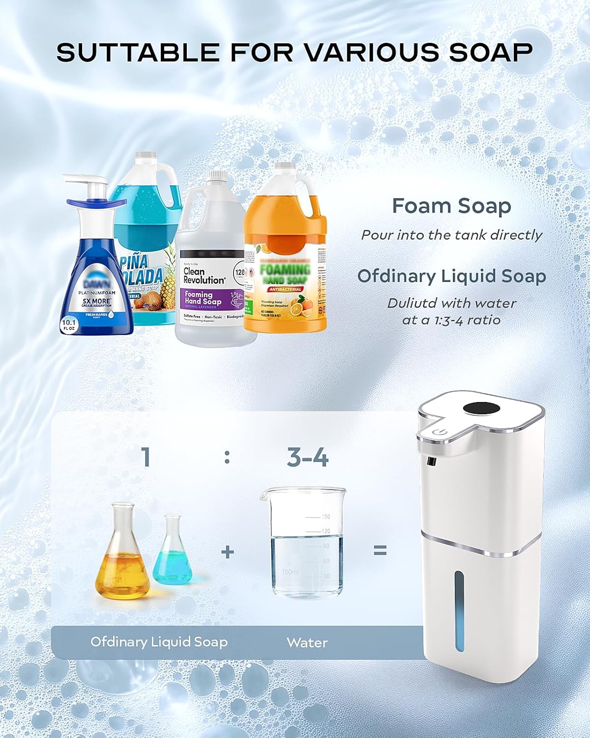 Automatic Foaming Soap Dispenser Touchless, 6-Level Adjustable,13.5oz/400ml Rechargeabled Wall Mounted Smart for Bathroom and Kitchen Dish Soap,White