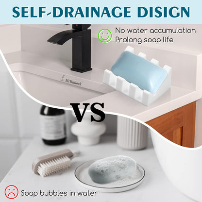 Self Draining Silicone Soap Dish Holder Waterfall Tray, 2 Pack Black | Waterfall design drains fast to keep soap dry, non-slip silicone base anti slide, soap saver for bathroom & kitchen