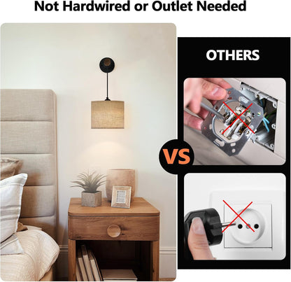 XSDeTu Rechargeable Battery Operated Wall Sconces Set of 2, Modern Battery Powered Wall Light with Wooden Arm & Remote Control, Adjustable 3 Colors Dimmable Wall Lamps for Bedroom, Living Room