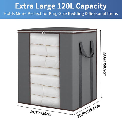 Fixwal Extra Large Blanket Storage Bags 120L Comforter Storage Bags with Reinforced Handles Breathable Clothes Storage Containers for King Comforter Bedding Pillow Sheet Grey