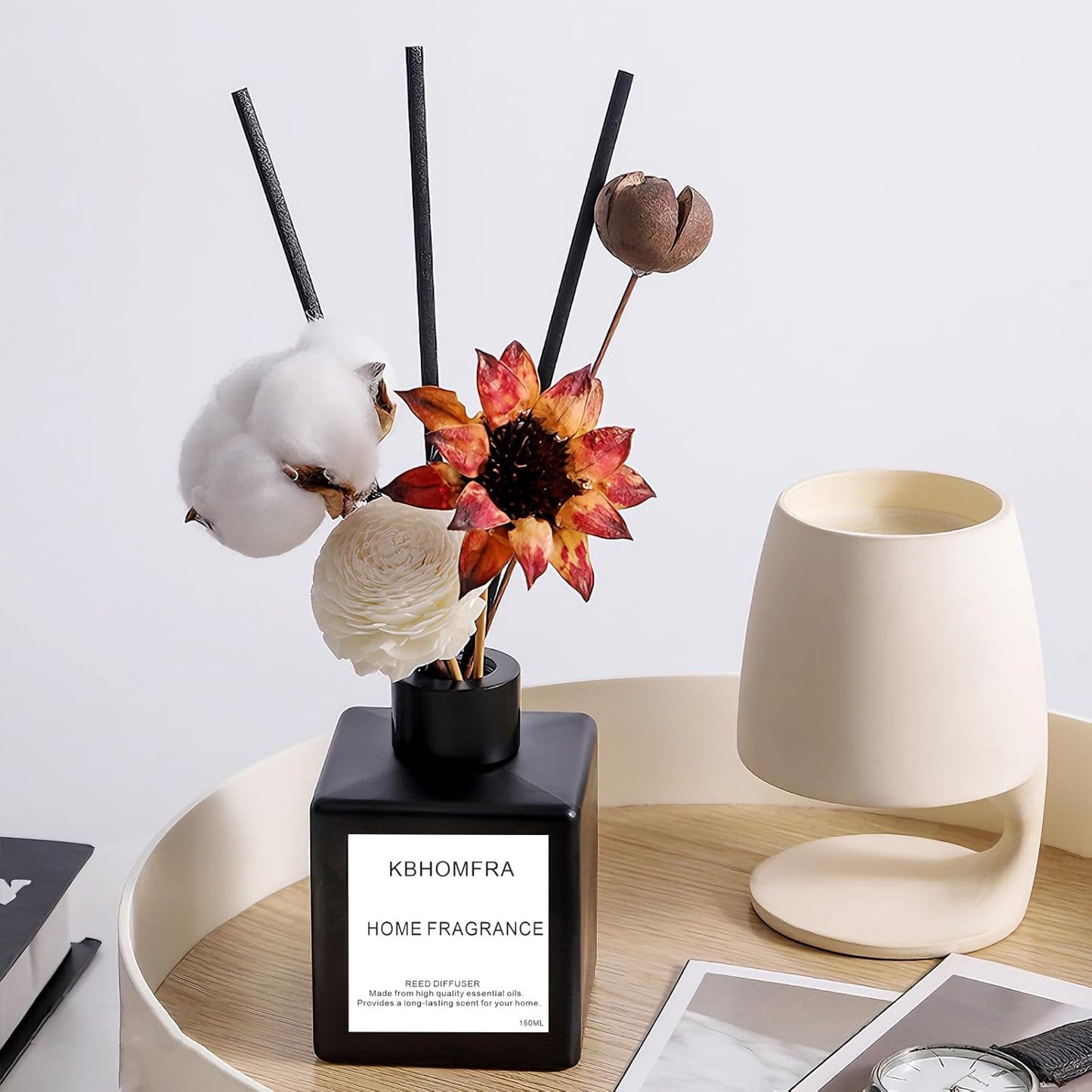Reed Diffuser Set with Dried Flowers, 3.38fl.oz Fragrance Diffuser with Sticks, Scented Sticks Aroma Diffuser, Home & Office Décor for Air Fresheners, Bathroom (Jasmine Tea)