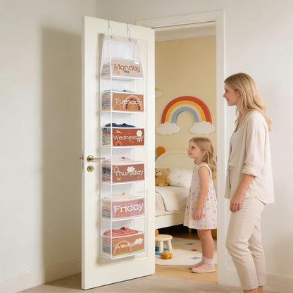 2 Pack Weekly Clothes Organizer for Kids, 6 Shelf Hanging Closet Organizer with Clear Window, Foldable Days of the Week Over the Door Outfit Organizer with Labels for Closet School