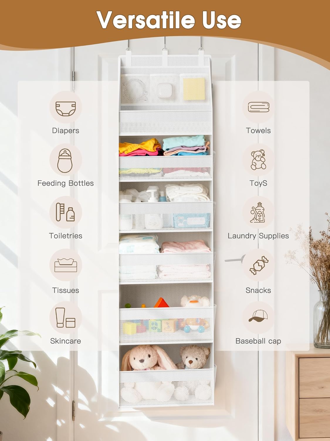 Criusia Over The Door Organizer, Heavy-Duty 6-Shelf Hanging Storage with 13 Mesh Pockets, 55lbs Capacity Behind The Door Storage for Nursery, Bathroom, Bedroom, and Dorm, Grey