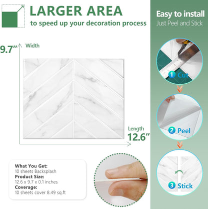 STICKGOO 10 Sheets Thicker Herringbone Peel and Stick Backsplash, 12.6”×9.7” Stick on Wall Tiles, Self Adhesive Tile Sticker for Kitchen Backsplash and Bathroom, White with Grey Grout