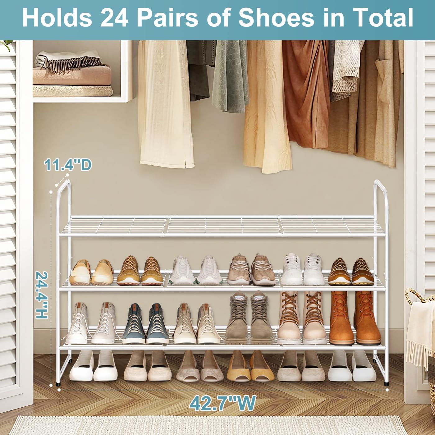 AOODA Long 3 Tier Metal Shoe Rack for Closet Wide Stackable Shoe Storage Organizer for Entryway, Bedroom, Floor, 24-Pairs Men Sneakers Shoe Shelf with Wire Grid, Black