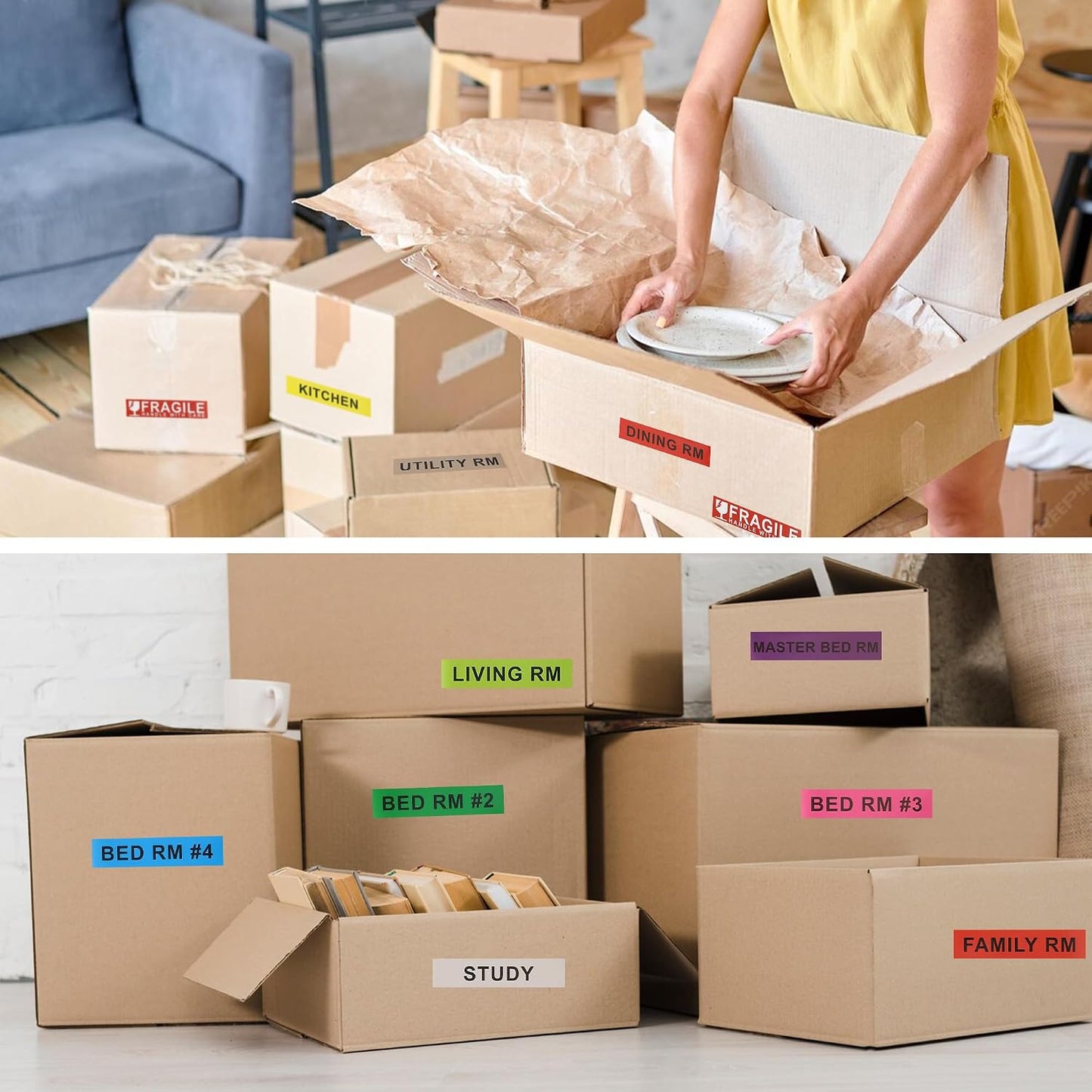 Home Moving Labels for Boxes, 480pcs 4.5"x1" 30 Sheets Removable Strong Adhesive Packing Stickers Fragile & Blank Labels,Pre-Printed Color-Coded Labels for Bedroom Bathroom Home Moving Supplies
