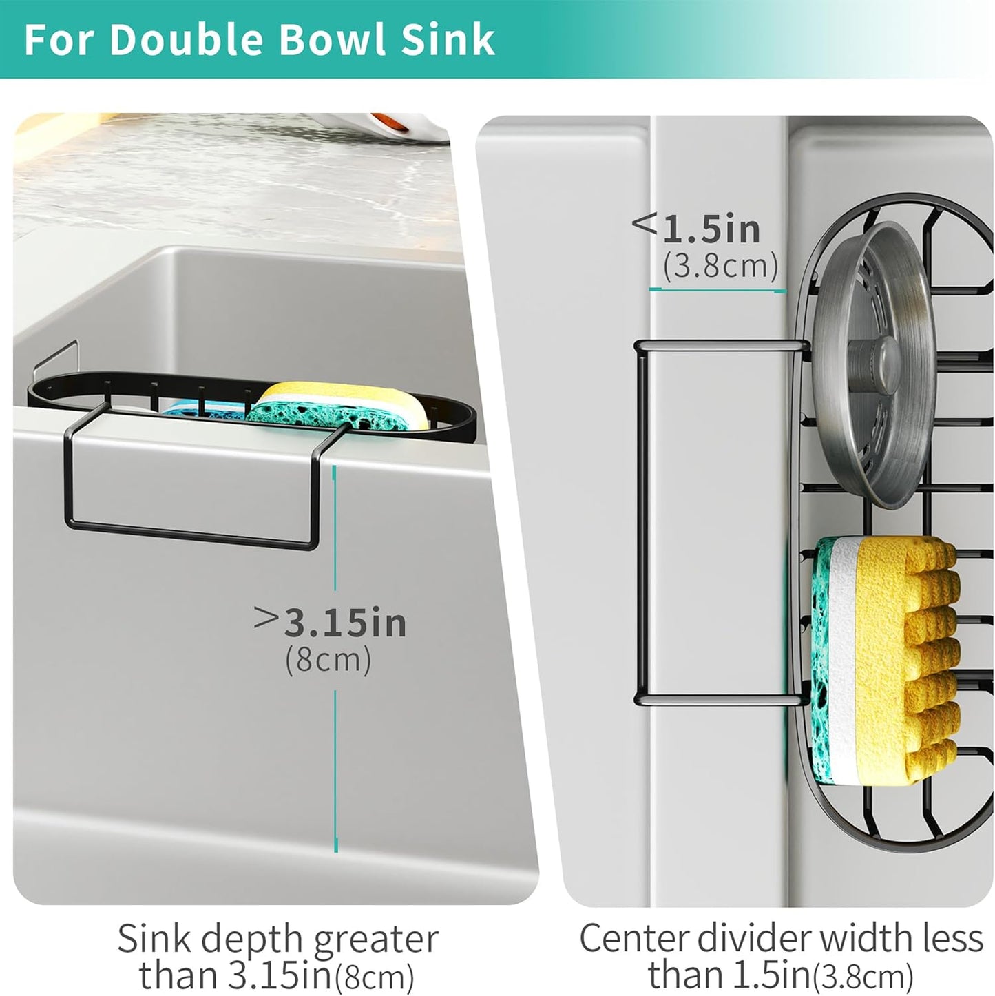 HapiRm Multifunctional Sponge Holder with Unique M-Shaped, 2 Installation Methods Kitchen Sink Caddy Organizer, Rustproof Stainless Steel Kitchen Organizers and Storage Essentials - Black