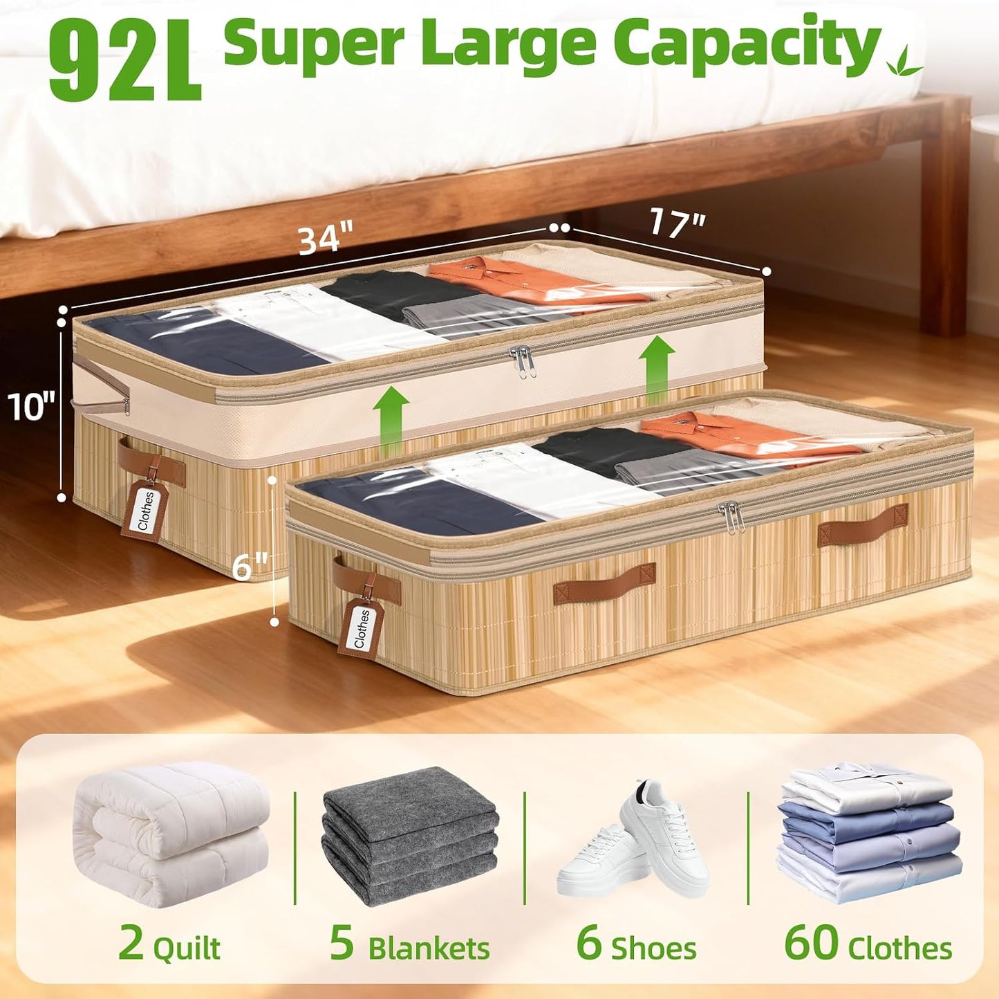Livole 2 Pack Bamboo Under Bed Storage Containers with Wheels | Breathable Bamboo, Invisible Wheels, 6 inches Height, 56L Large Capacity, Easy Setup, Handles, Clear Lid