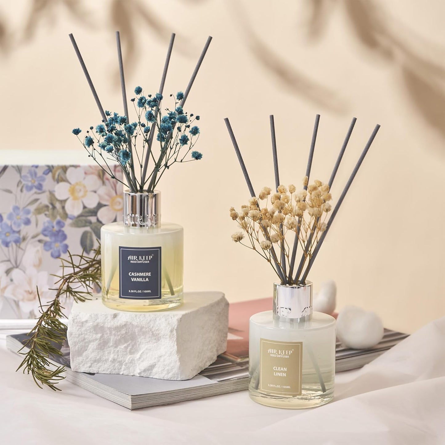 Airkeep Reed Diffuser Set,3.38 fl oz (100 ml) - Clean Linen Oil Diffusers with 8 Reed Sticks,Home Fragrance Reed Diffuser for Bathroom Shelf Decor