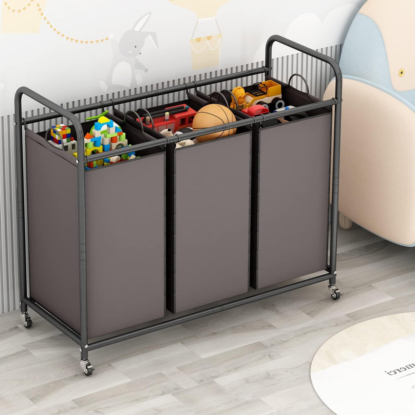 LINZINAR 3-Bag Laundry Hamper, Black Laundry Basket, 35.6 Gal(135 L) Laundry Sorter Cart Laundry Room Organization with Heavy Duty Rolling Lockable Wheels and Removable Bags