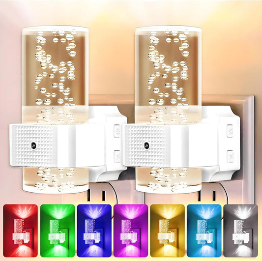 Night Lights Plug into Wall, 2 Pack Acrylic Stair Light, 7 Colors Dimmable Nightlight with 0-100 LM Adjustable Brightness, 3000K Plug in Wall Lamp with Dusk to Dawn Sensor, for Bedroom, Hallway