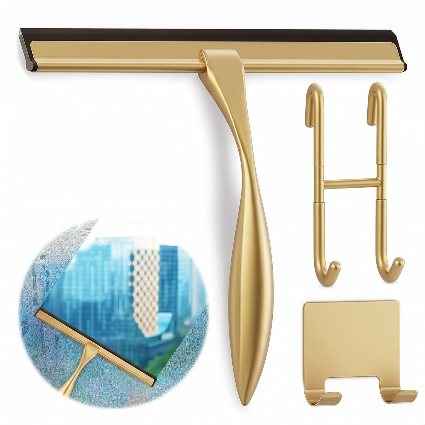 Shower Door Squeegee with Adhesive & Hanging Hooks, 12" Silicone Blade - Stainless Steel All-Purpose Squeegee for Shower Glass, Bathroom Mirror Cleaner Tool Suitable for Tile Walls - Multi-Surface Use