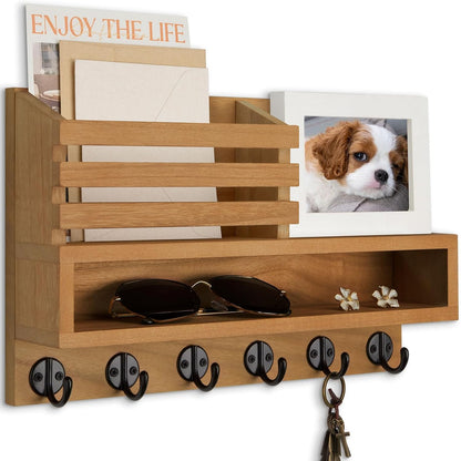 Key and Mail Holder Wall Mount, Key Hanger with Long Storage Box and 5 Hooks for Coat, Dog Leash, Home Decor Rack, House Accessories, Entry Way Organizer 11.8”W x 7.8”H x 3.2”D