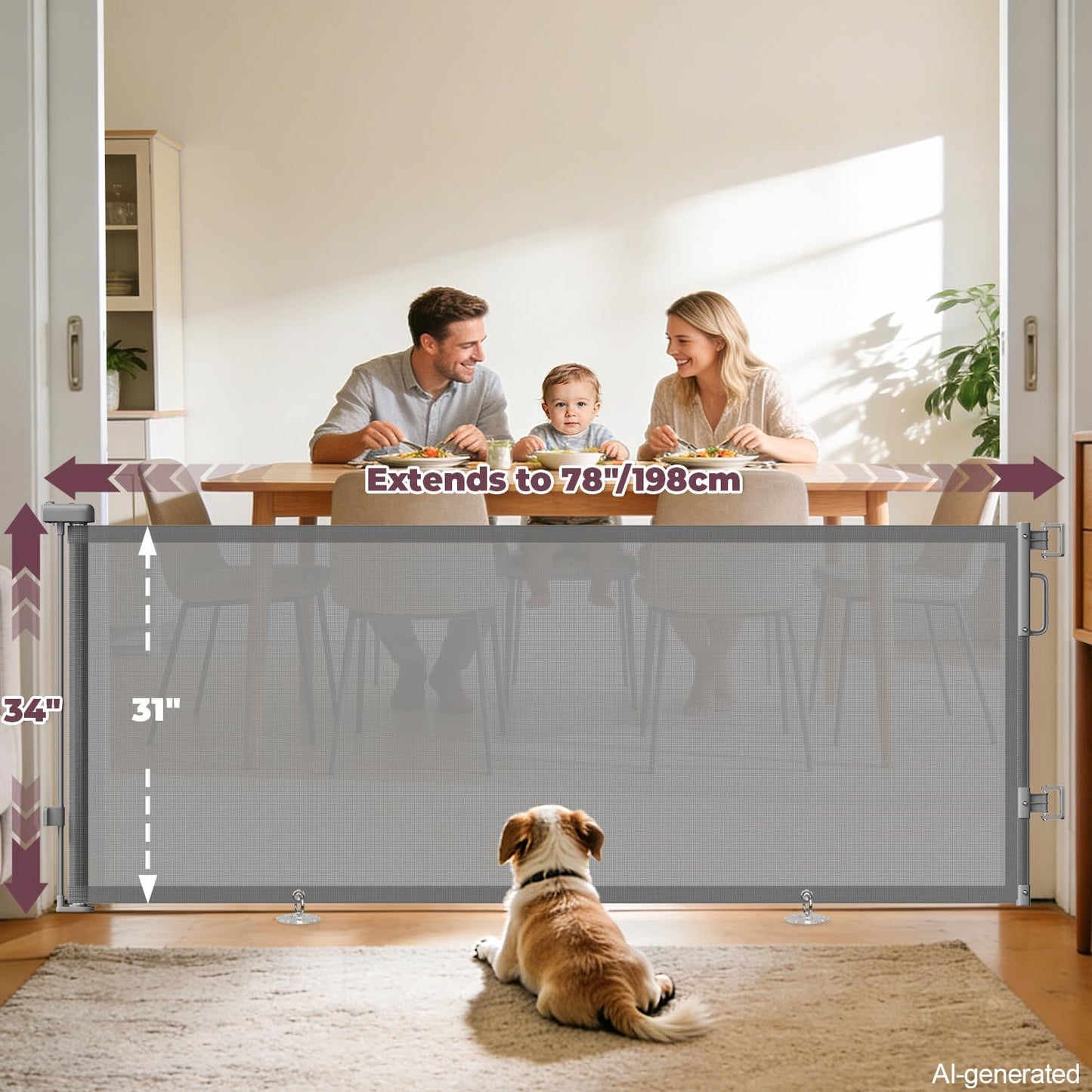 Retractable Baby Gates for Doorways, 58" Extra Wide Mesh Child Dog Gate for Stairs, 34" Tall Toddler Pet Gate Indoor and Outdoor, Easy Install, Essential for Home Safety, Black