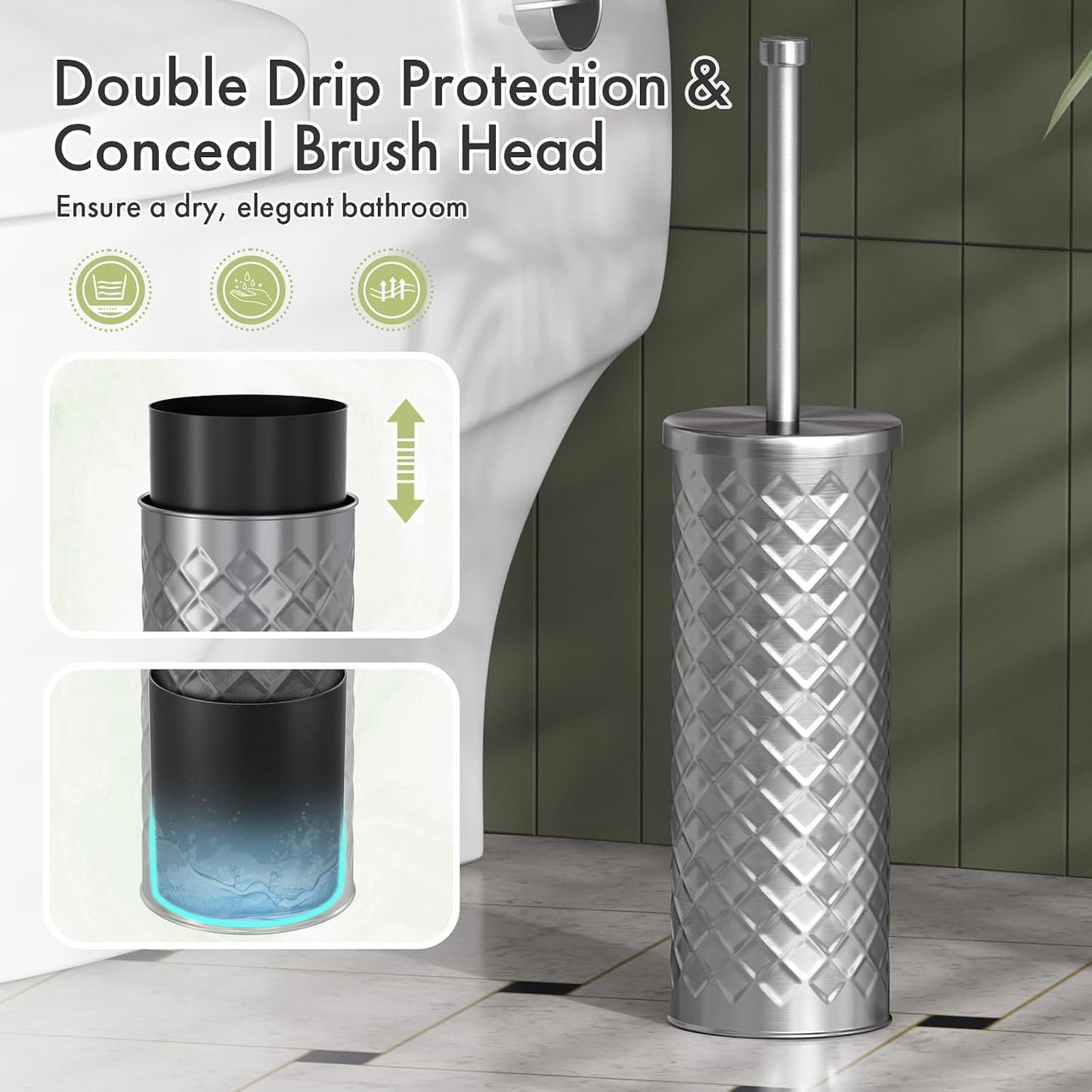 Toilet Bowl Brush and Holder Set 2 Pack with 4 Extra Brush Heads | Extra Long Handle with Splash Guard Cover, Tool-Free Installation, Bathroom Space-Saving, Cleaner Sets for Apartments, RV (White)