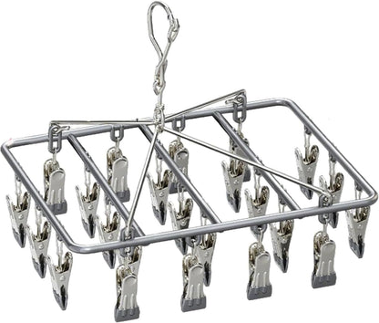 Drying Rack for Sock, Stainless Steel Sock Drying Rack with 23 Clips, Swivel Hook Windproof Hanger for Sock, Laundry, Hat, Scarf, Bras, Towel, Underwear, Pants, Gloves (White)