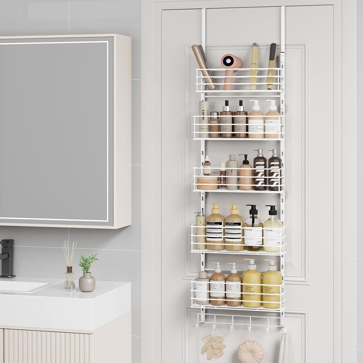 SWTYMIKI Over The Door Organizer - Door Organizer Hanging with 5 Adjustable Metal Large Capacity Basket and 6 Coat Hook, Wall Mounted Shelf for Bedroom Closet Bathroom Laundry Pantry Cabinet Kitchen