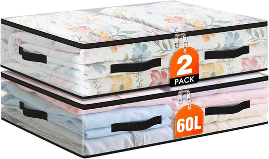 6 Pack Under Bed Storage Bags, 60L Foldable Clear Storage Containers with Handles, Dual Zippers for Comforter, Clothes, Bedding, Linen Sheets, Sweaters, Blanket Storage