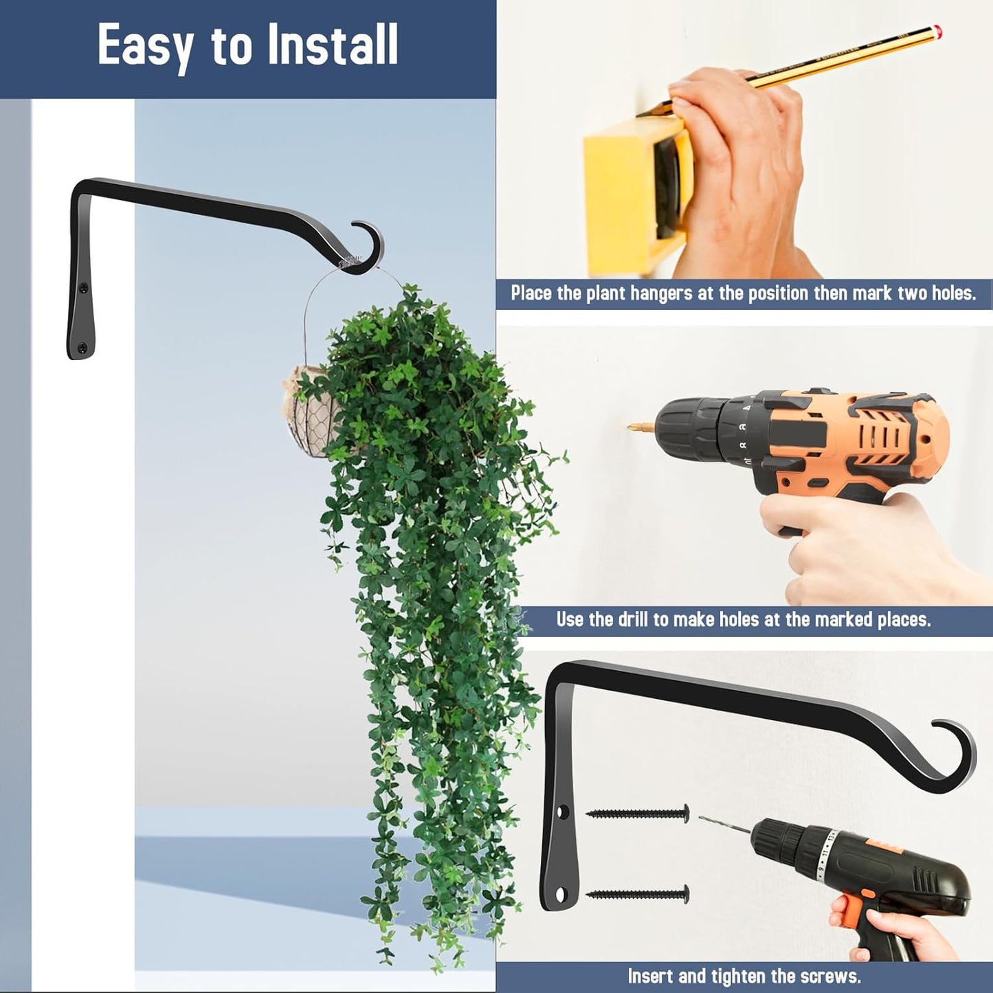 FEED GARDEN Heavy Duty Plant Hangers Outdoor Indoor, 8 Inch 2 Pack Metal Hanging Bracket Holds Up to 44 lbs, Wall Brackets for Hanging Baskets, Bird Feeders,Wind Chime& Lanterns, Black
