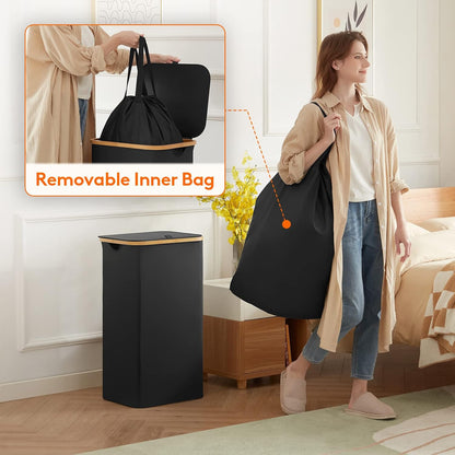 Lifewit 120L Laundry Basket with Lid, Clothes Hampers for Laundry with Bamboo Handles and 2 Removable Bag, Large Foldable Laundry Hamper for Bedroom, Bathroom, Dorm, Laundry Room, Beige