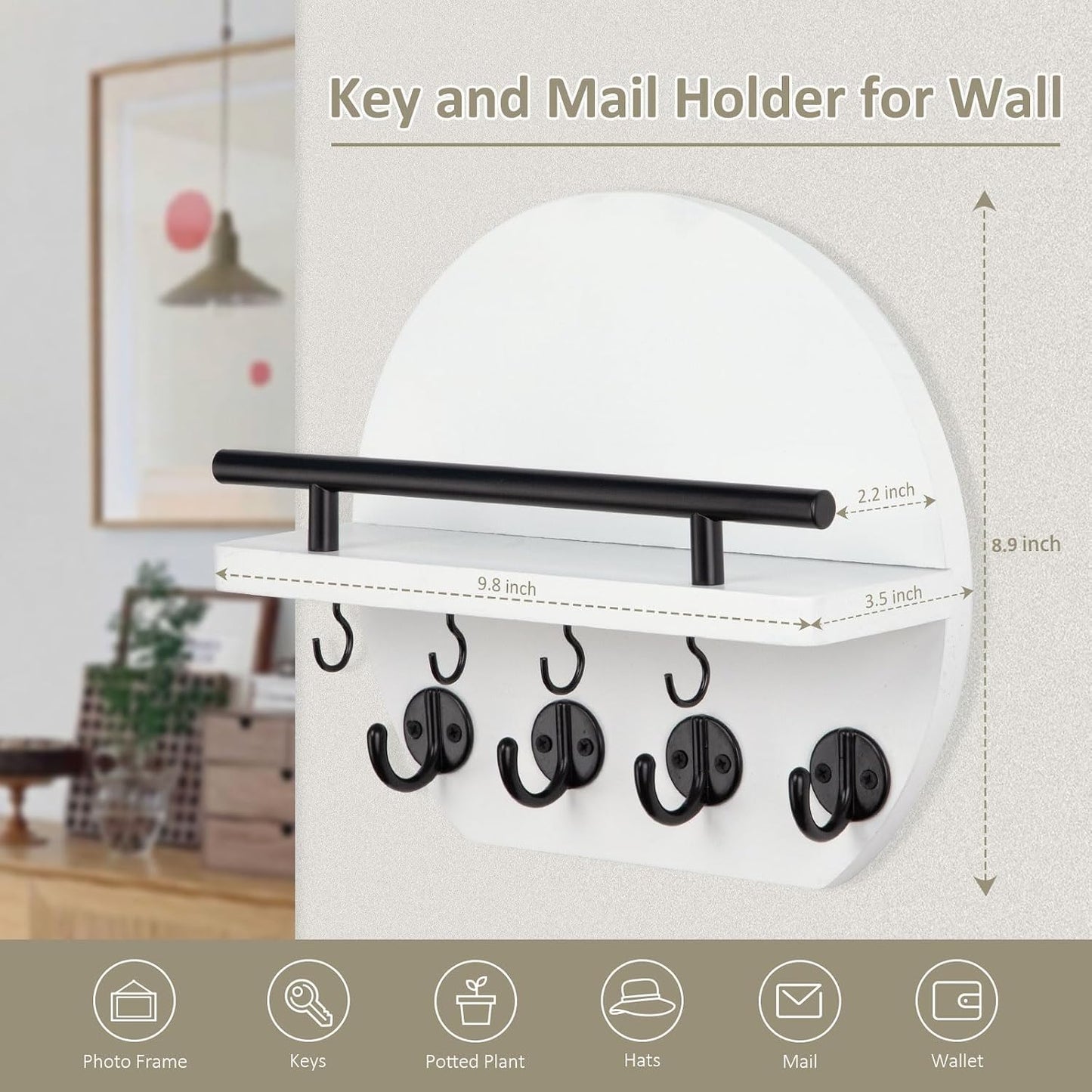 Nekon Key Holder for Wall - 9.8 Inch Apartment Wall Decor with Shelf and 8 Key Hooks, Circular Wood Key Hanger for Home Decor (Black with Golden Hooks)