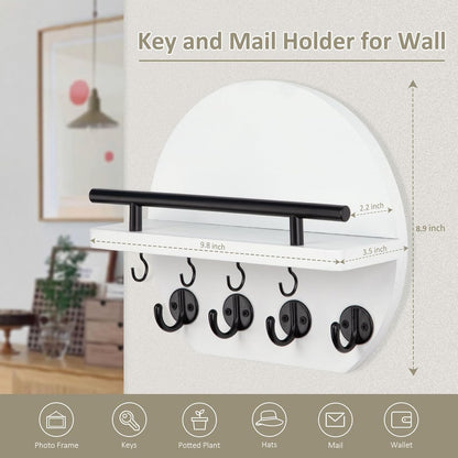 Nekon Key Holder for Wall - 9.8 Inch Apartment Wall Decor with Shelf and 8 Key Hooks, Circular Wood Key Hanger for Home Decor (Black with Golden Hooks)