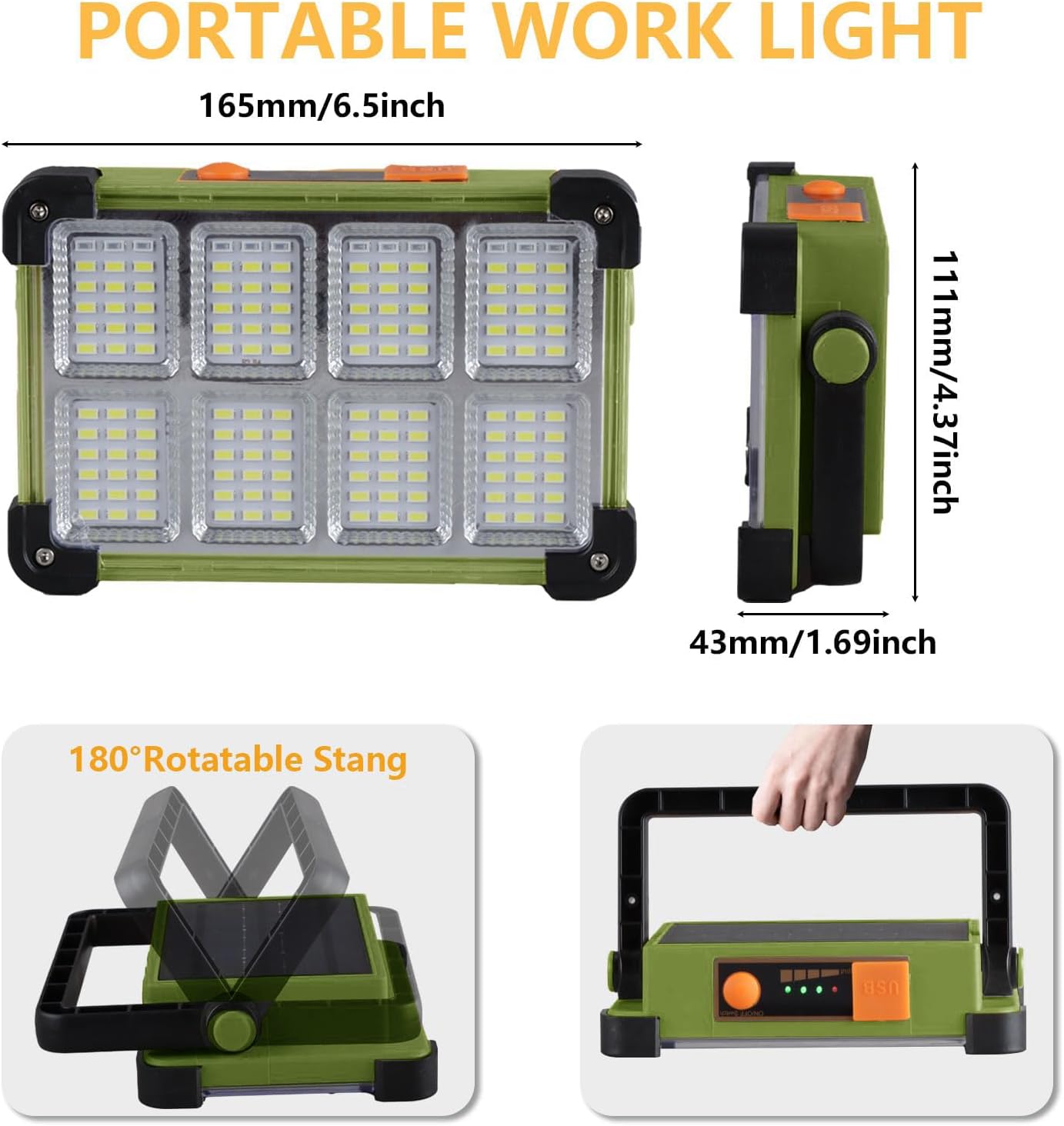 120W Solar Rechargeable Work Light, 144 LED 10000LM Portable Flood Light with Stand, IP66 Waterproof 4 Modes LED Job Site Lighting Flashlights for Mechanic Camping Fishing Car Repair