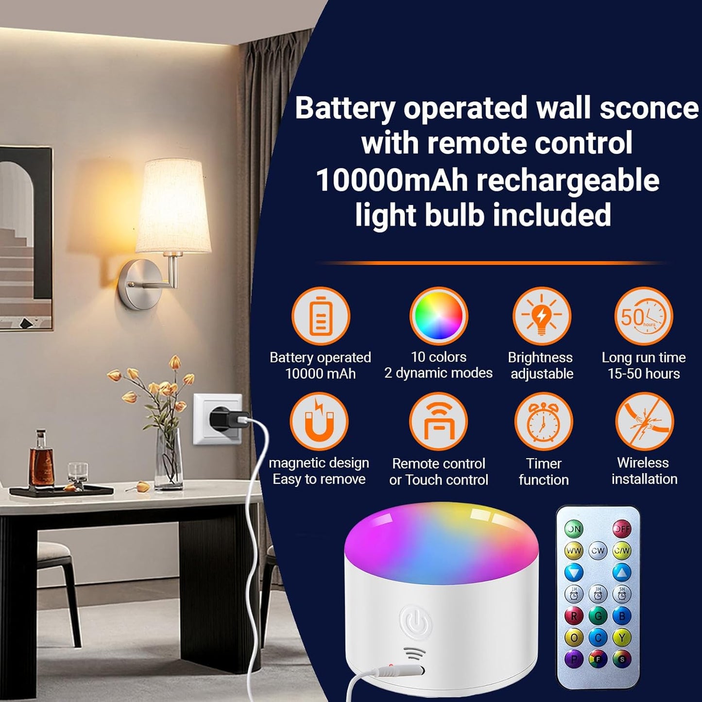 Wall Sconce Battery Operated Wall Light Fixure with Remote Control, Dimmable Battery Operated Wall Sconces Set Of Two, Indoor Wireless Wall Mounted Lamp with Rechargable Bulb For Bedroom Living Room (