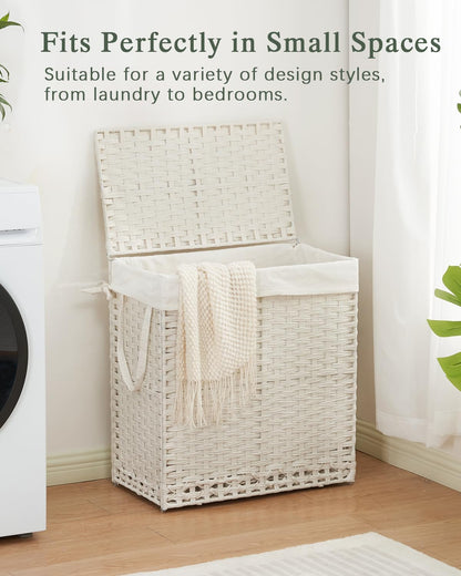 SETVSON Laundry Hamper with Lid Laundry Basket 132 L (35 Gal) Wicker Clothes Hamper, Handwoven Rattan Hamper with Handles and 4 Removable Liner Bags, 6 Mesh Bags for Laundry Bedroom Natural