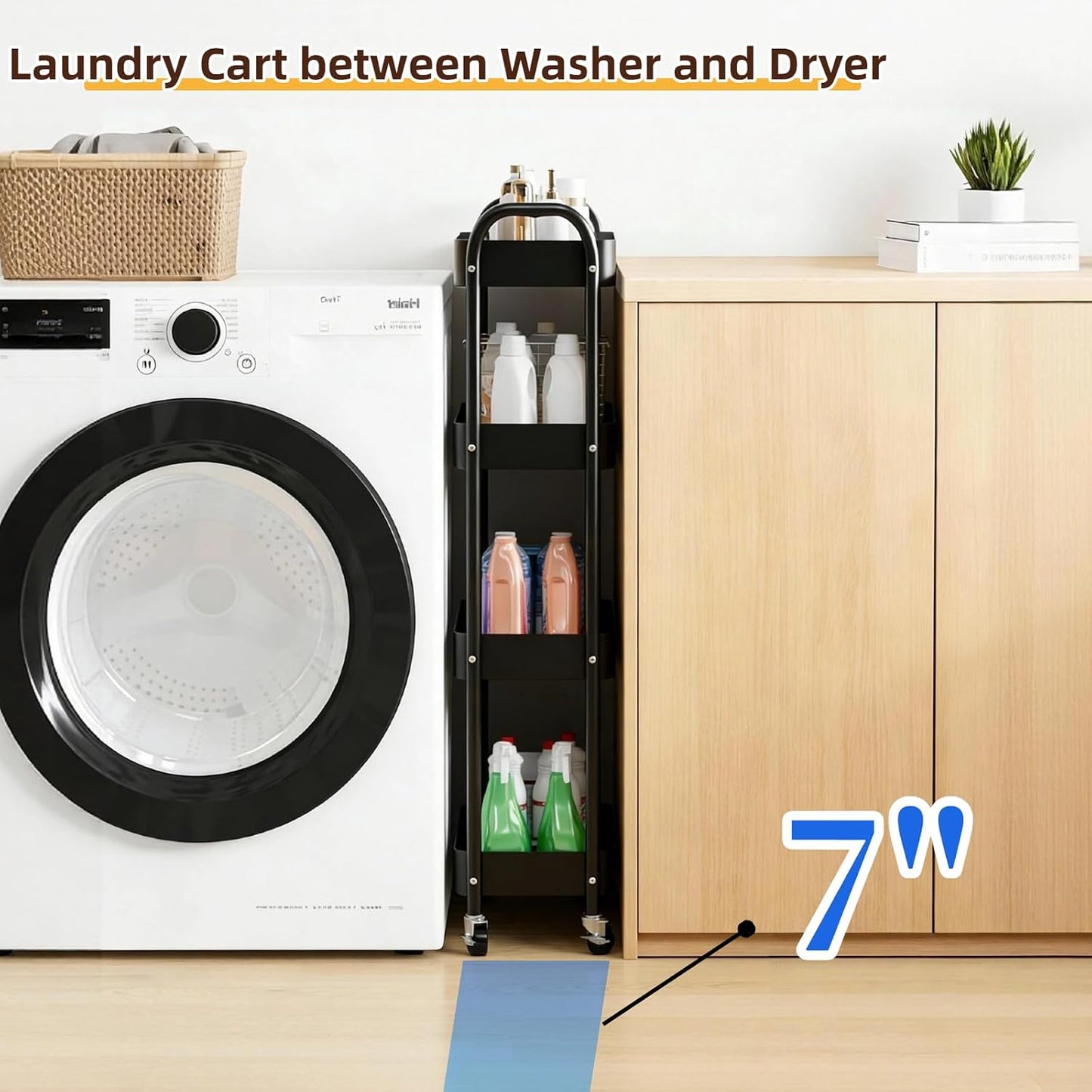 3 Tier Slim Metal Rolling Storage Cart for Laundry Room & Kitchen Organizer, 7.1'' Thin Standing Shelf for Narrow Spaces, Utility Cart with Wheels & Lockable Casters for Bathroom, Black