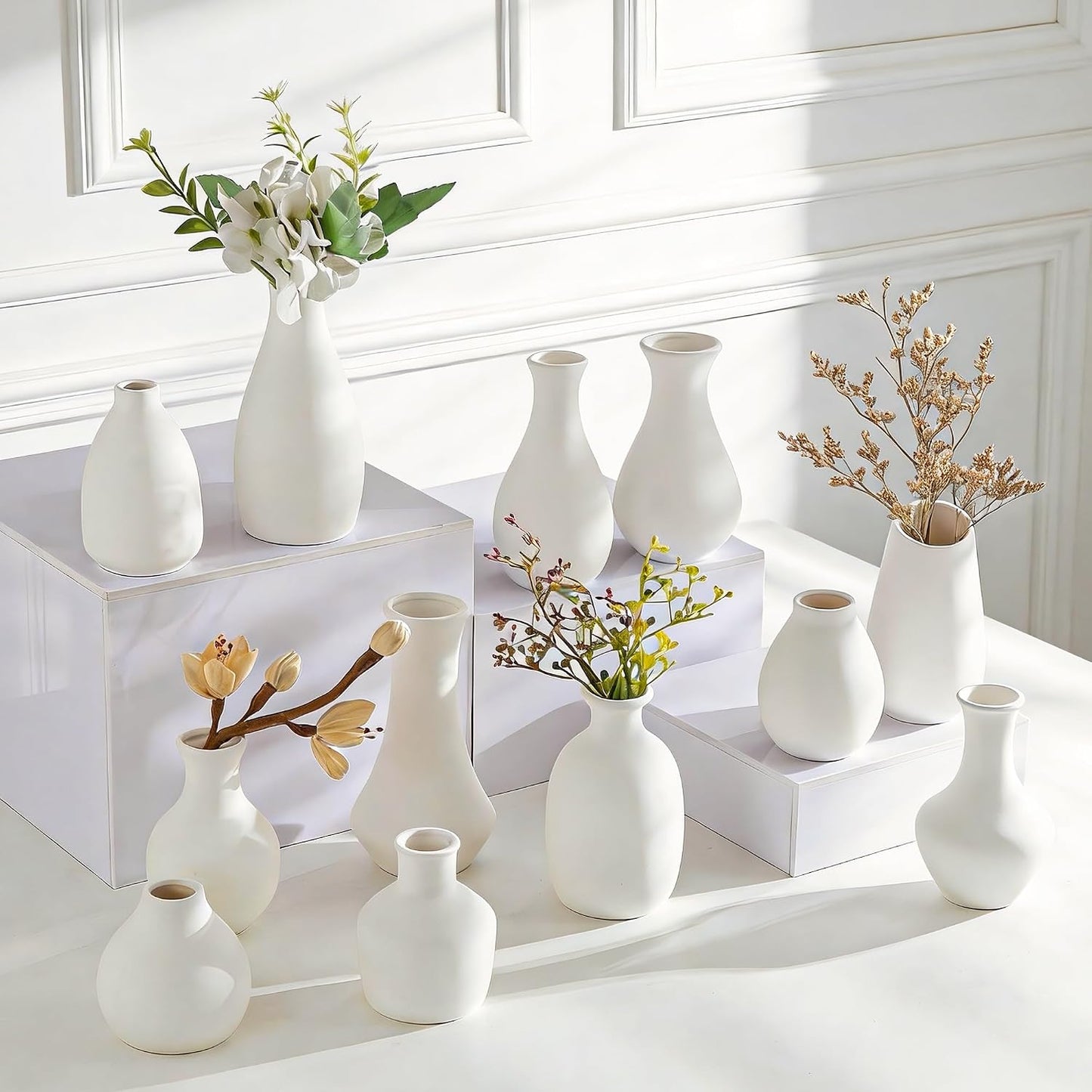 White Ceramic Bud Vase Set of 5, Mini Vases for Flowers, Decorative Small Vases for Home Decor, Boho Wedding Centerpieces, Living Room, Dining Table & Shelf Decor