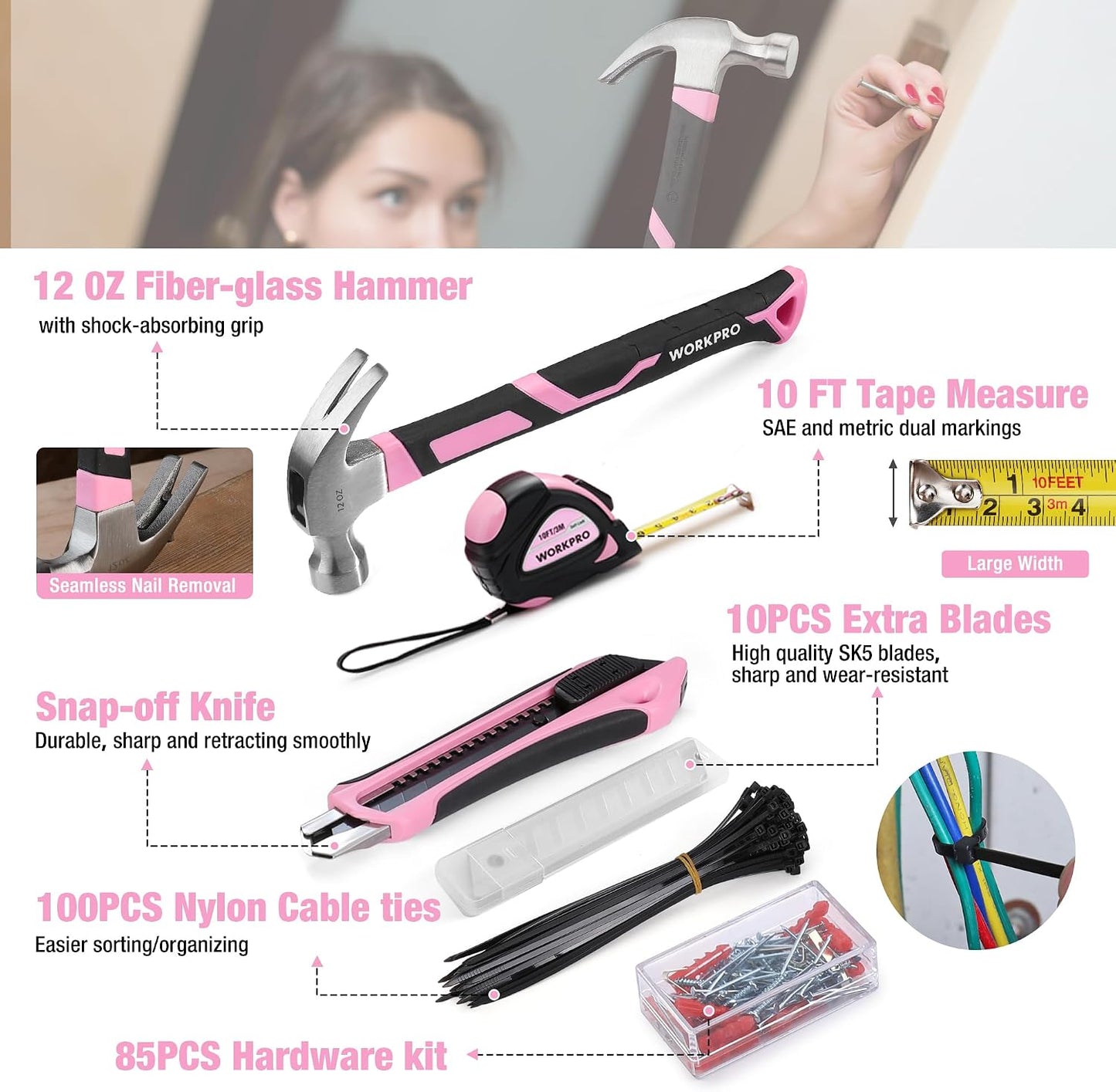 WORKPRO Pink Tool Set, 258 PCS Tool Kit for Women, Basic Household Case with Hammer, Screwdriver Set, Portable for Home Repair, New Apartment, House-Warming, DIY - Pink Ribbon