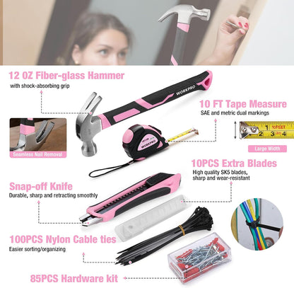 WORKPRO Pink Tool Set, 258 PCS Tool Kit for Women, Basic Household Case with Hammer, Screwdriver Set, Portable for Home Repair, New Apartment, House-Warming, DIY - Pink Ribbon