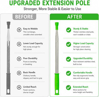 Microfiber Duster with Extension Pole(Stainless Steel) 30 to 100'', with Bendable Head, Extendable Long Duster for Cleaning Ceiling Fan, High Ceiling, Keyboard, Furniture Cars Gray