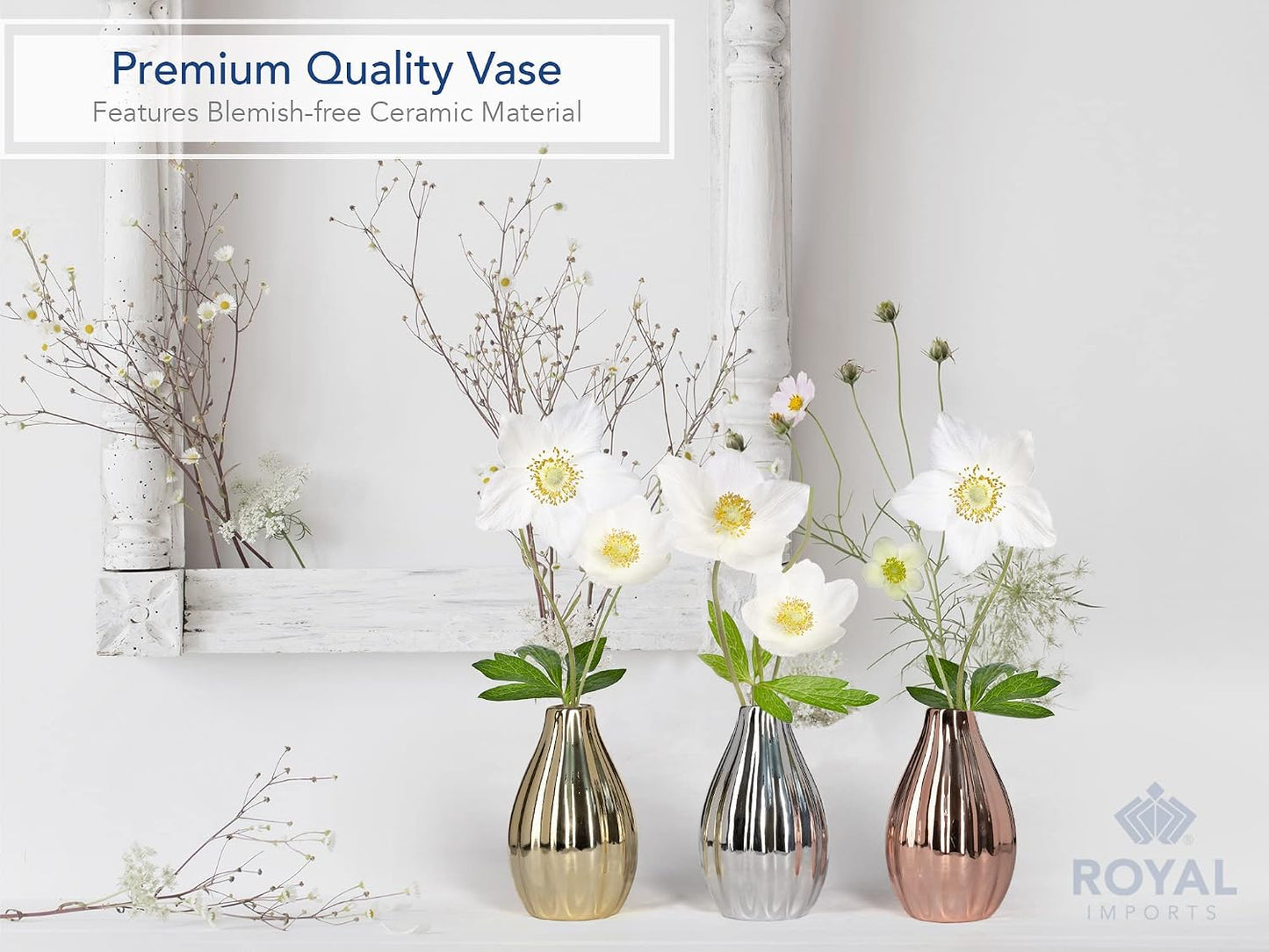 Royal Imports Ceramic Bud Vase, Small Single Stem Flower or Rose Centerpiece, Mini Decorative Floral Holder, Rustic Farmhouse Home Decor, Kitchen, Fireplace, Shelf - White - Set of 3