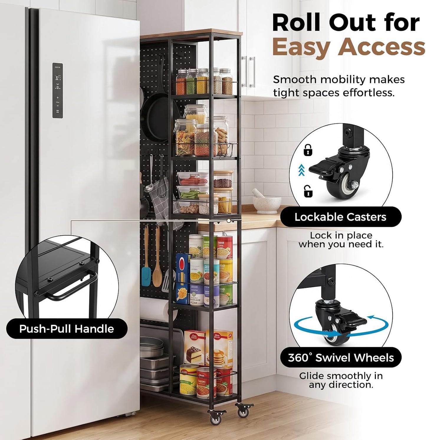 Slim Rolling Storage Cart, 8.3 Inch Narrow Storage Cart with Wheels, Pegboard & 5 Tier Shelves, Mobile Slim Storage Rack Next to Fridge for Kitchen, Laundry, White