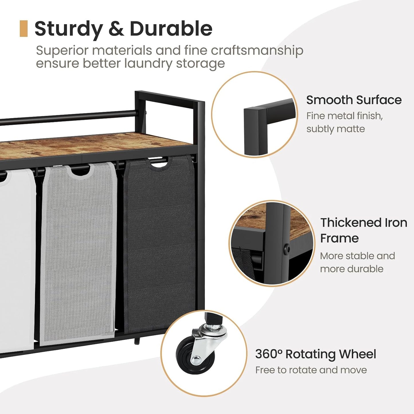 SwaaVee Laundry Sorter, Laundry Hamper 3 Section, 3×11.4Gal, Metal Frame Rolling Laundry Basket with Wooden Top Shelf, Pull out and Removable Laundry Bags, 3 Bags-Gray