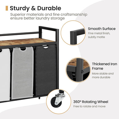 SwaaVee Laundry Sorter, Laundry Hamper 3 Section, 3×11.4Gal, Metal Frame Rolling Laundry Basket with Wooden Top Shelf, Pull out and Removable Laundry Bags, 3 Bags-Gray