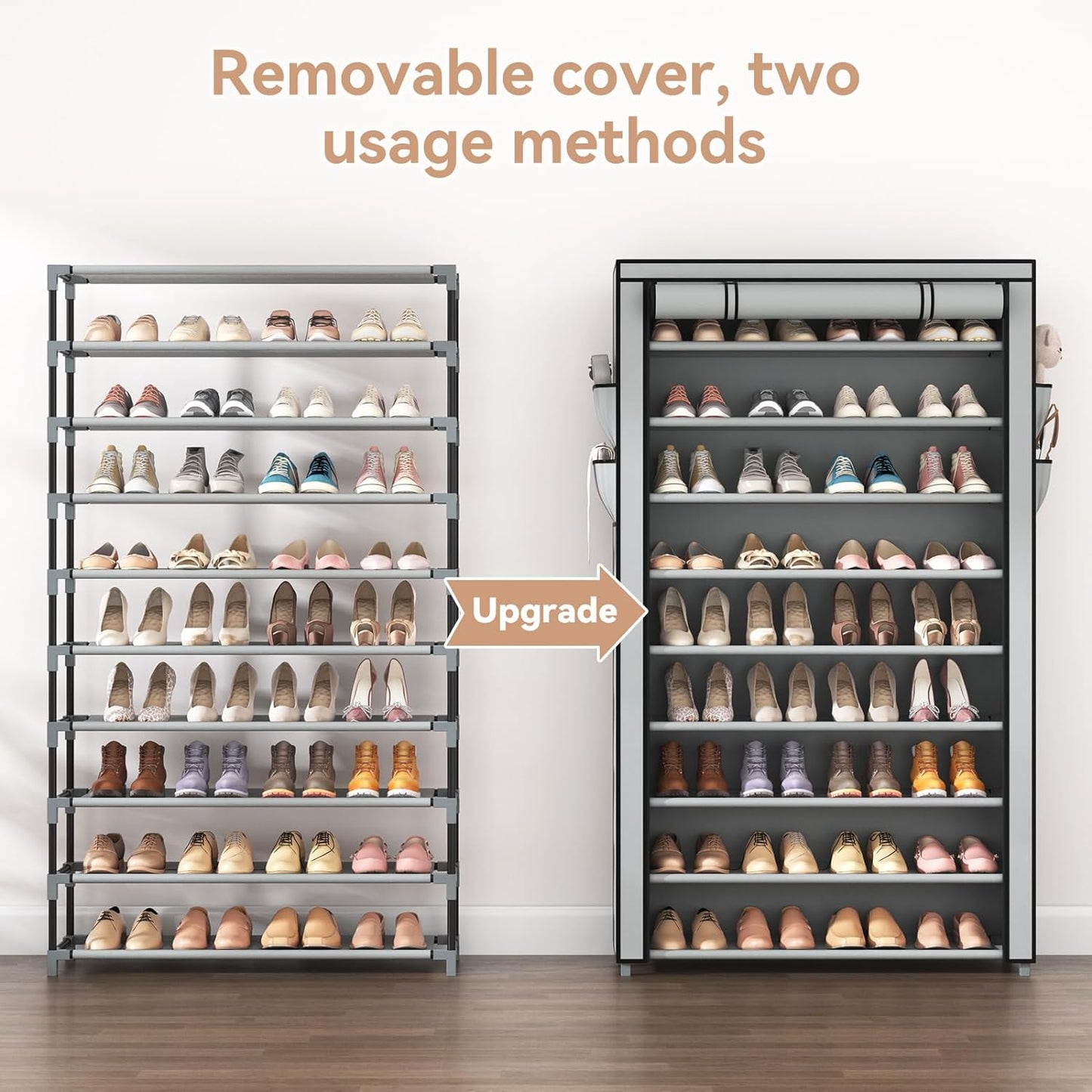 LANTEFUL Shoe Rack with Covers - 10 Tiers Tall Shoe Rack Organizer Large Capacity Shoe Shelf Storage 40 Pairs Space Saving Vertical Shoe Storage Organizer for Closet, Entryway, Dorm, Bedroom