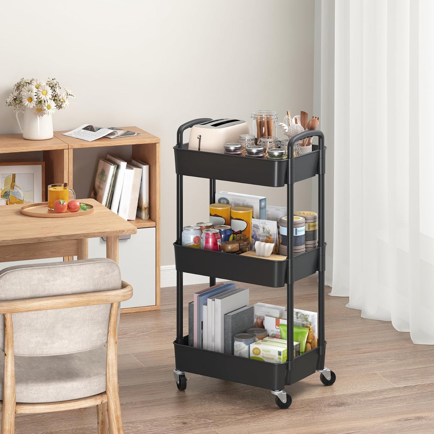 Sywhitta 4-Tier Plastic Rolling Utility Cart with Handle, Multi-Functional Storage Trolley for Office, Living Room, Kitchen, Movable Storage Organizer with Wheels, Black