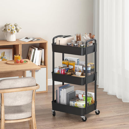 Sywhitta 4-Tier Plastic Rolling Utility Cart with Handle, Multi-Functional Storage Trolley for Office, Living Room, Kitchen, Movable Storage Organizer with Wheels, Black