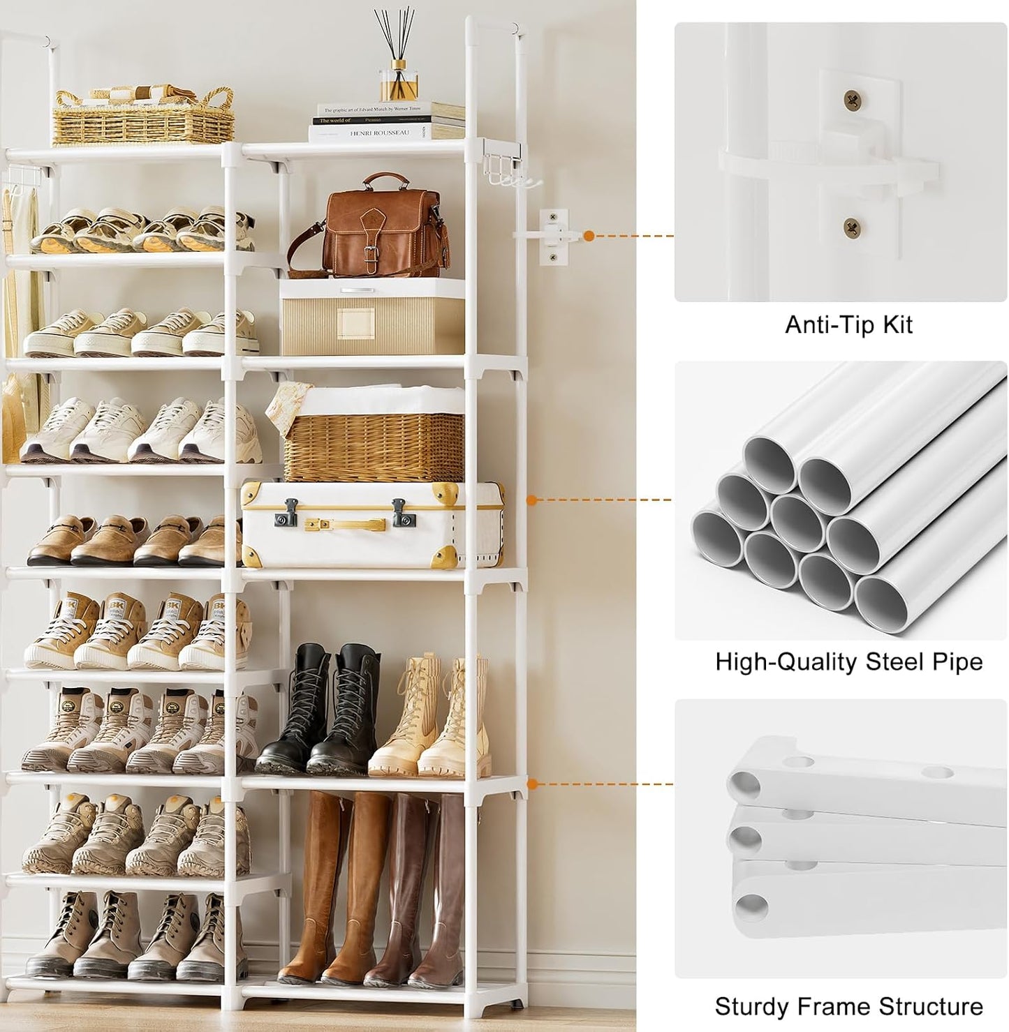 WOWLIVE 9 Tiers Large Shoe Rack Storage Organizer for Closet 50-55 Pairs Shoe Tower Unit Shelf Stackable Shoe Rack with Metal Pipes Plastic Connectors Black(SSS3B9)