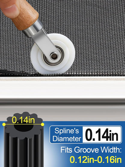 Screen Repair Kit - 3 in 1 Screen Tools Including Roller, 0.14in x 32.8ft Spline, Removal Hook for Replacing & Installing Door Window Screens