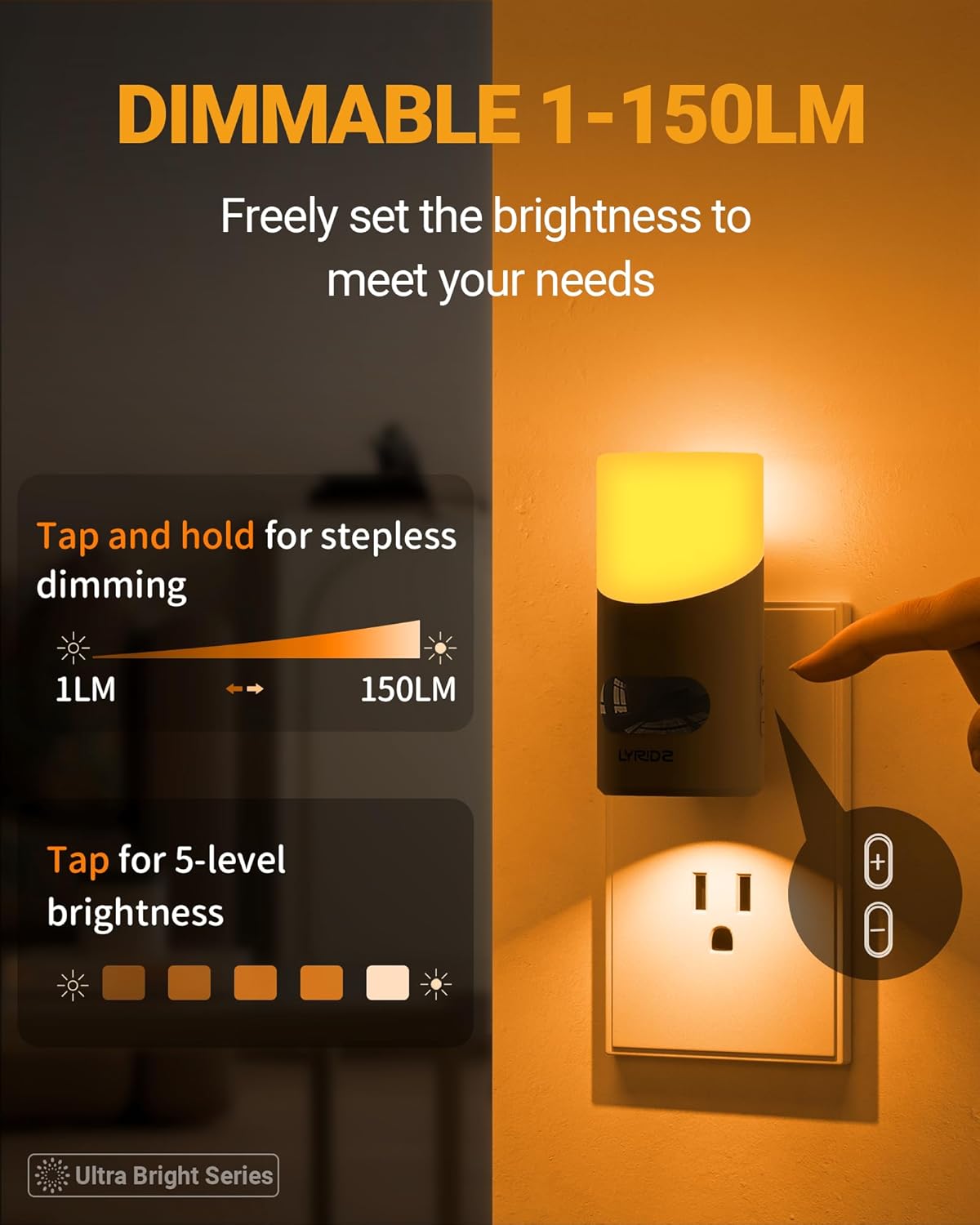 Lyridz LED Night Lights Plug into Wall with Motion Sensor, 1-150LM Dimmable Plug-in Nightlight Indoor for Bedroom, Bathroom, Hallway, Stairs, Pet House, Toilet, 2 Pack