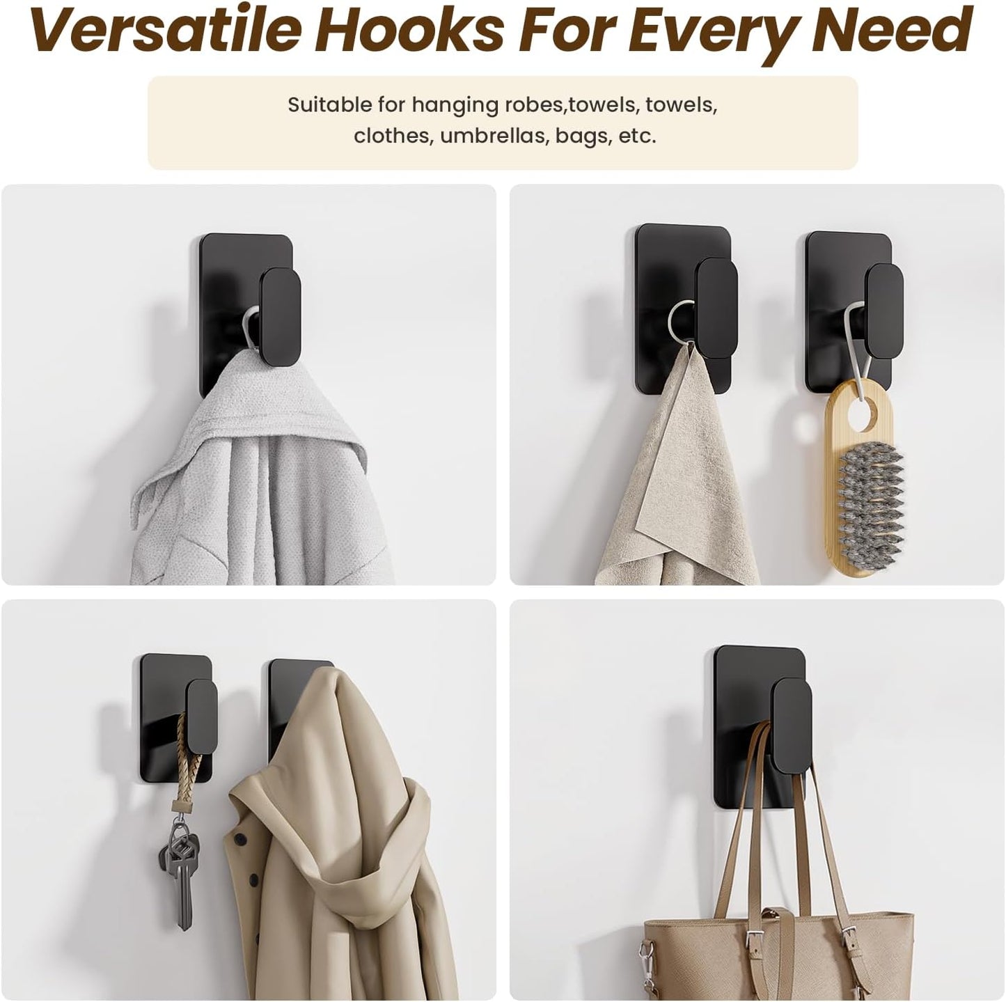 Heavy Duty Adhesive Hooks - 26lb Max, Sticky Wall Hooks Waterproof Stainless Steel for Hanging Towel, Coat, Robe, Towel Hooks Stick on Bathroom, Kitchen, Shower, Door (Black, 4 Pack)