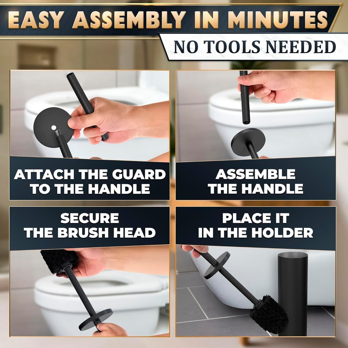Black Toilet Brush and Holder Set - Slim Matte Design that Fits Anywhere - Stainless Steel Toilet Bowl Brush and Holder with 2 Rounded Corners, Replaceable Head, Removable Inner Bowl & Splash Guard