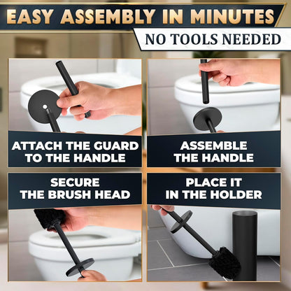 Black Toilet Brush and Holder Set - Slim Matte Design that Fits Anywhere - Stainless Steel Toilet Bowl Brush and Holder with 2 Rounded Corners, Replaceable Head, Removable Inner Bowl & Splash Guard