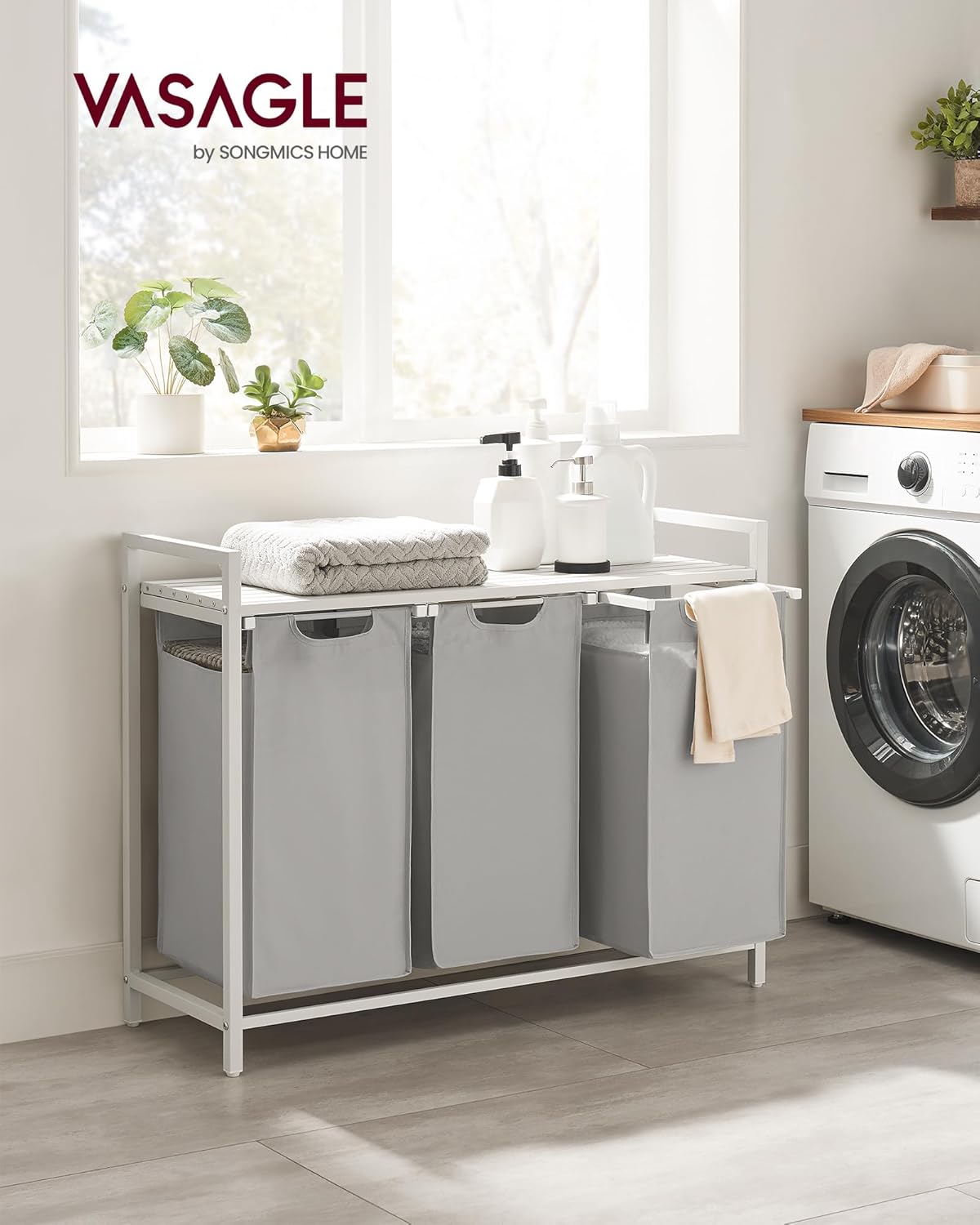 VASAGLE Laundry Hamper, Laundry Basket Sorter with 3 Pull-Out and Removable Bags, Shelf, Metal Frame, 3 x 10.6 Gallons (40 L), 36.4 x 13 x 28.4 Inches, Cappuccino Beige and Natural Beige UBLH301LH01