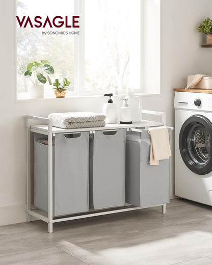 VASAGLE Laundry Hamper, Laundry Basket Sorter with 3 Pull-Out and Removable Bags, Shelf, Metal Frame, 3 x 10.6 Gallons (40 L), 36.4 x 13 x 28.4 Inches, Cappuccino Beige and Natural Beige UBLH301LH01